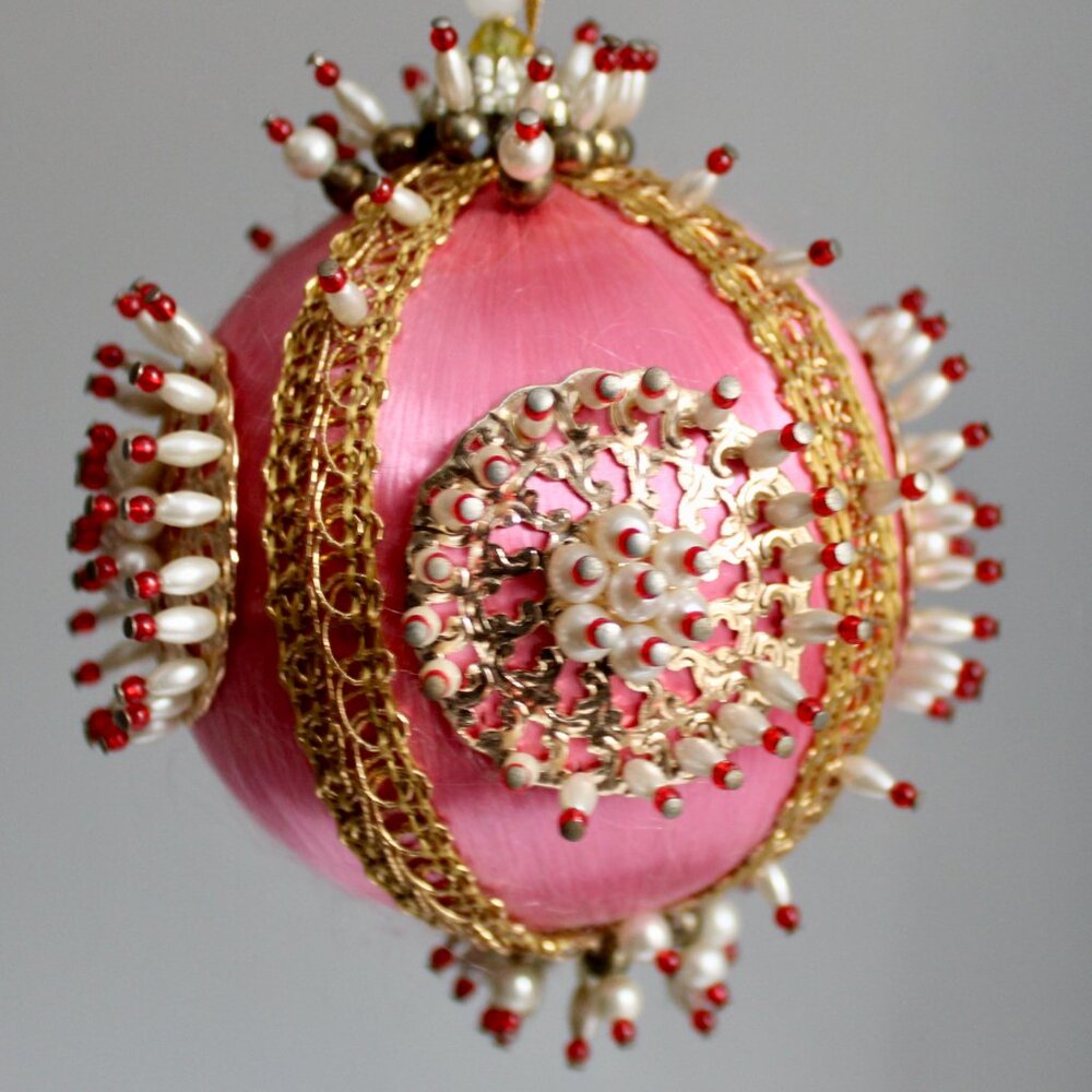 Vintage Pink Satin Ball Beaded Push Pin Christmas Ornament Sequin Embellished 5” - Picture 5 of 8